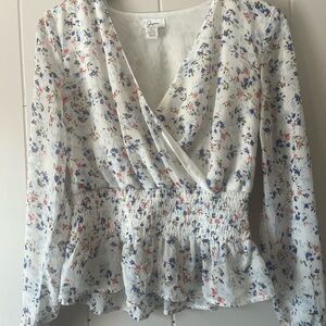 Gaze Floral Wrap Blouse - White and Blue